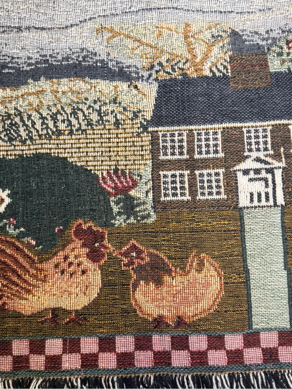 Cottagecore Farmhouse Rug Woven Folk Art Sheep Chicken Rustic Heritage Grandma